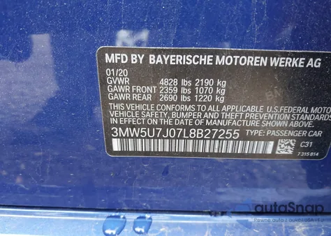 2020 BMW 3 Series M340I from USA, damaged, VIN 3MW5U7J07L8B27255